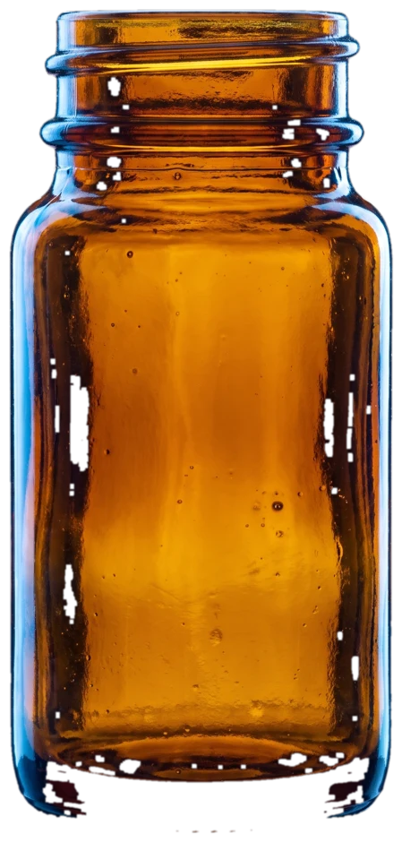 An open amber prescription bottle with a small white label