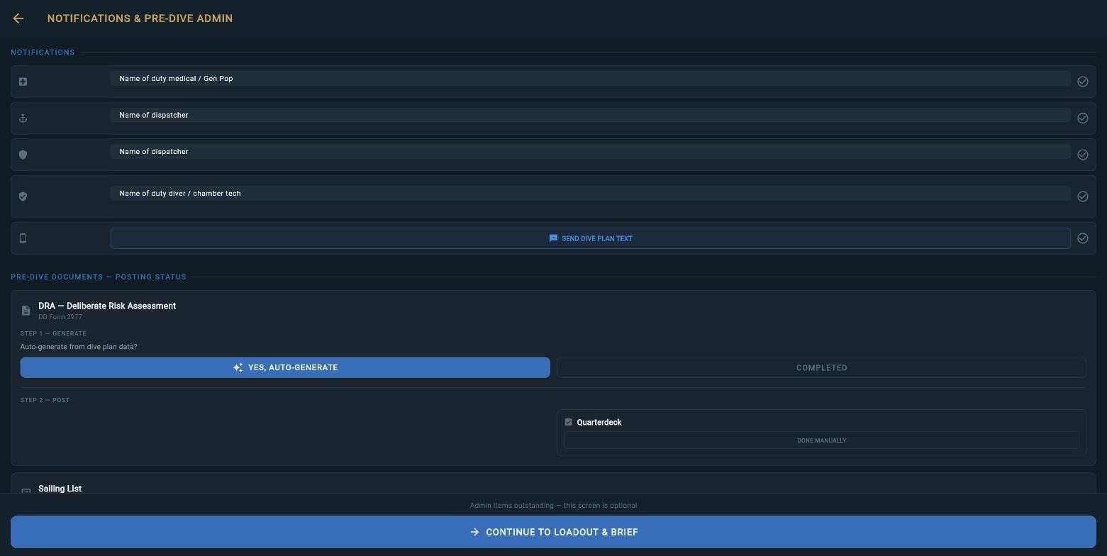 Notifications and pre-dive admin