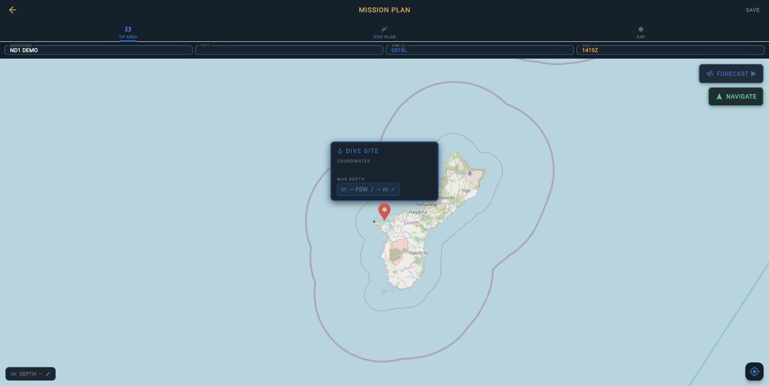 Operating area map with dive site pin