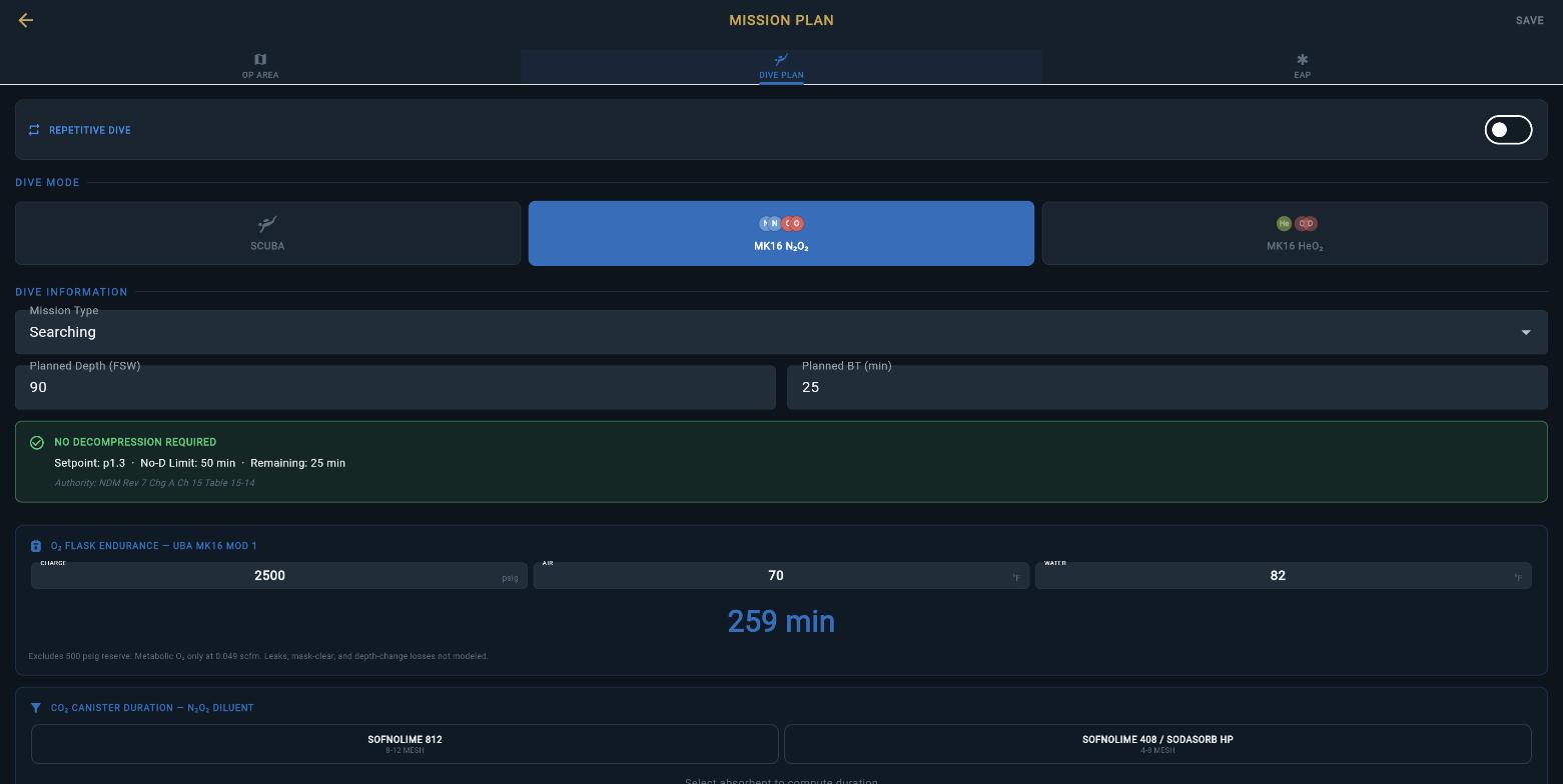 Dive plan editor with live no-decompression verdict